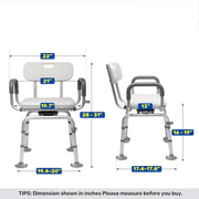 Dimension diagram of the swivel shower chair showing 21-inch armrest spacing, a 19.7-inch seat width, 13-inch seat depth, and adjustable seat height from 16 to 19 inches.