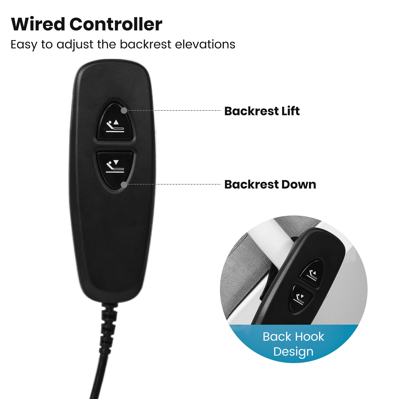 Two-button wired controller for the electric bed backrest, showing the backrest lift and down buttons and a close-up of the rear hook.