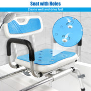 Close-up of the blue shower transfer bench seat and backrest under running water, highlighting the drainage holes and water-resistant surfaces.
