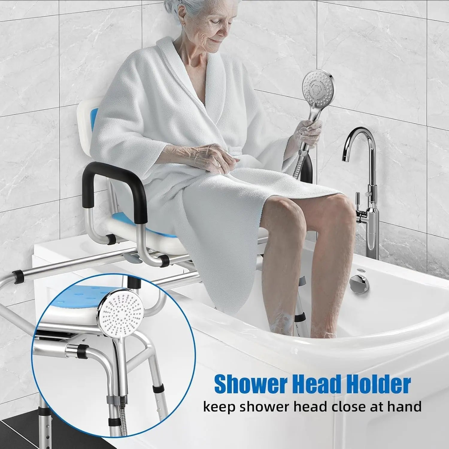 Older adult seated on a blue tub transfer bench inside a bathtub, holding a handheld shower head, with a close-up of the frame-mounted shower head holder.