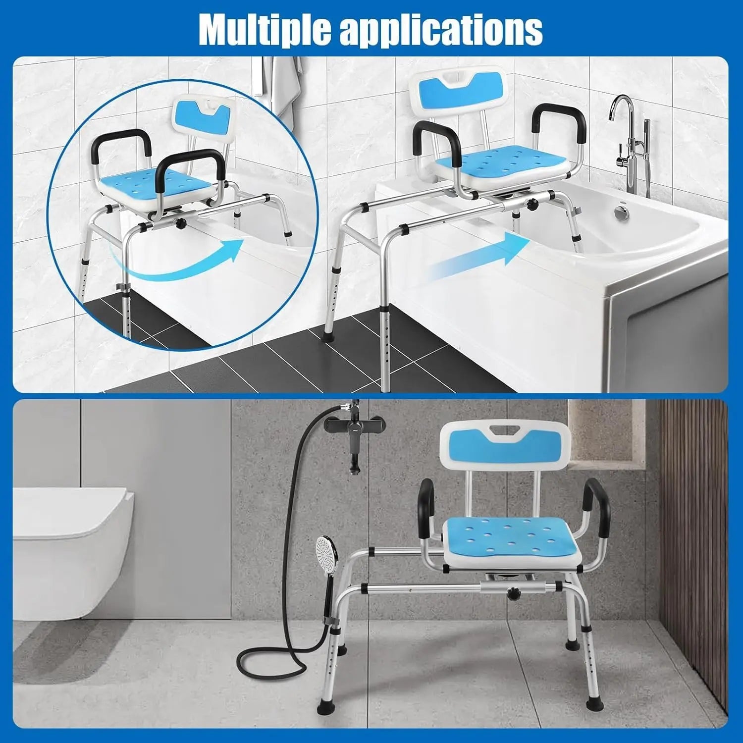 Blue swivel shower transfer bench shown across a bathtub and as a freestanding shower seat, illustrating two bathroom use configurations.
