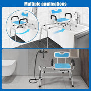 Blue swivel shower transfer bench shown across a bathtub and as a freestanding shower seat, illustrating two bathroom use configurations.