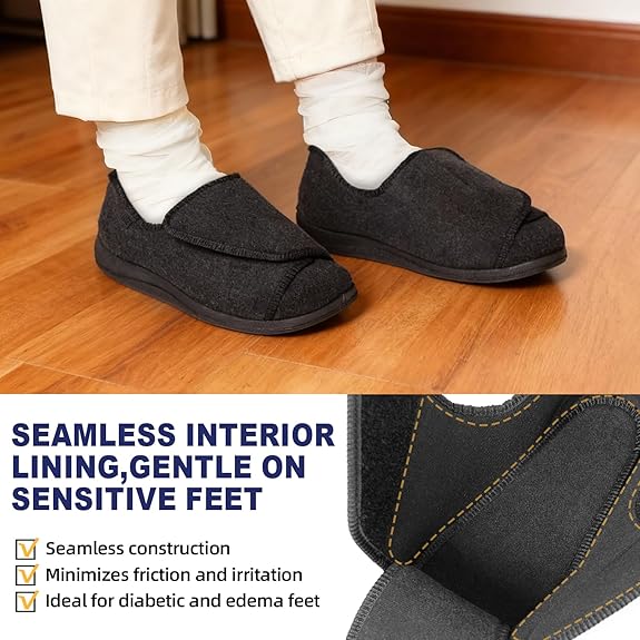 Black men's extra-wide comfort shoes worn on both feet, with a close-up of the seamless interior lining and soft fabric construction.