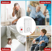 Senior call button system shown in bedroom, living room, bathroom, and school scenarios, with the main voice call unit and portable SOS button in the center.