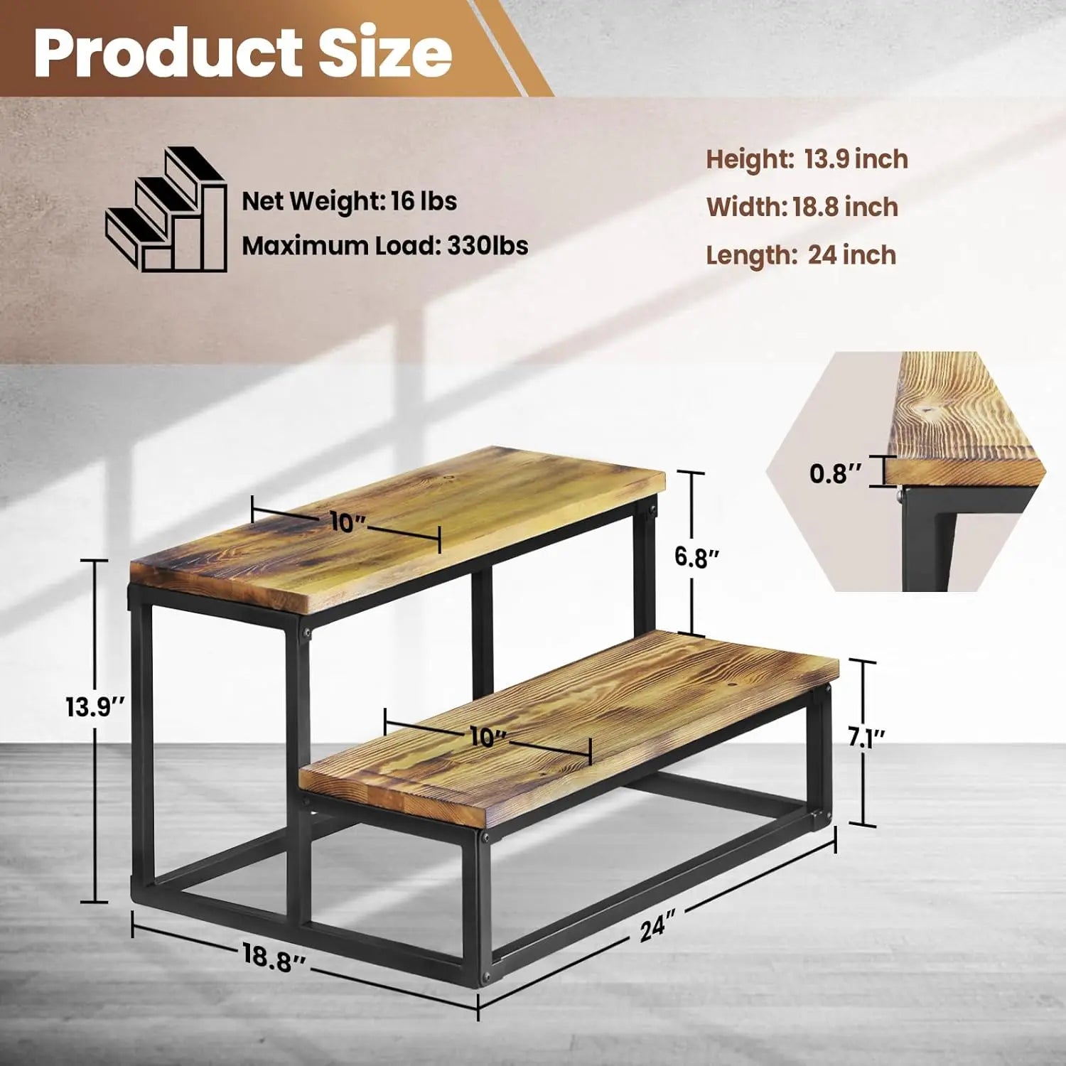Wooden step stool with dimensions and product size details on a light background