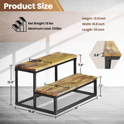 Wooden step stool with dimensions and product size details on a light background