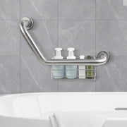 Silver angled grab bar mounted above a bathtub on gray tile, with the integrated wire basket holding shampoo and other toiletries.