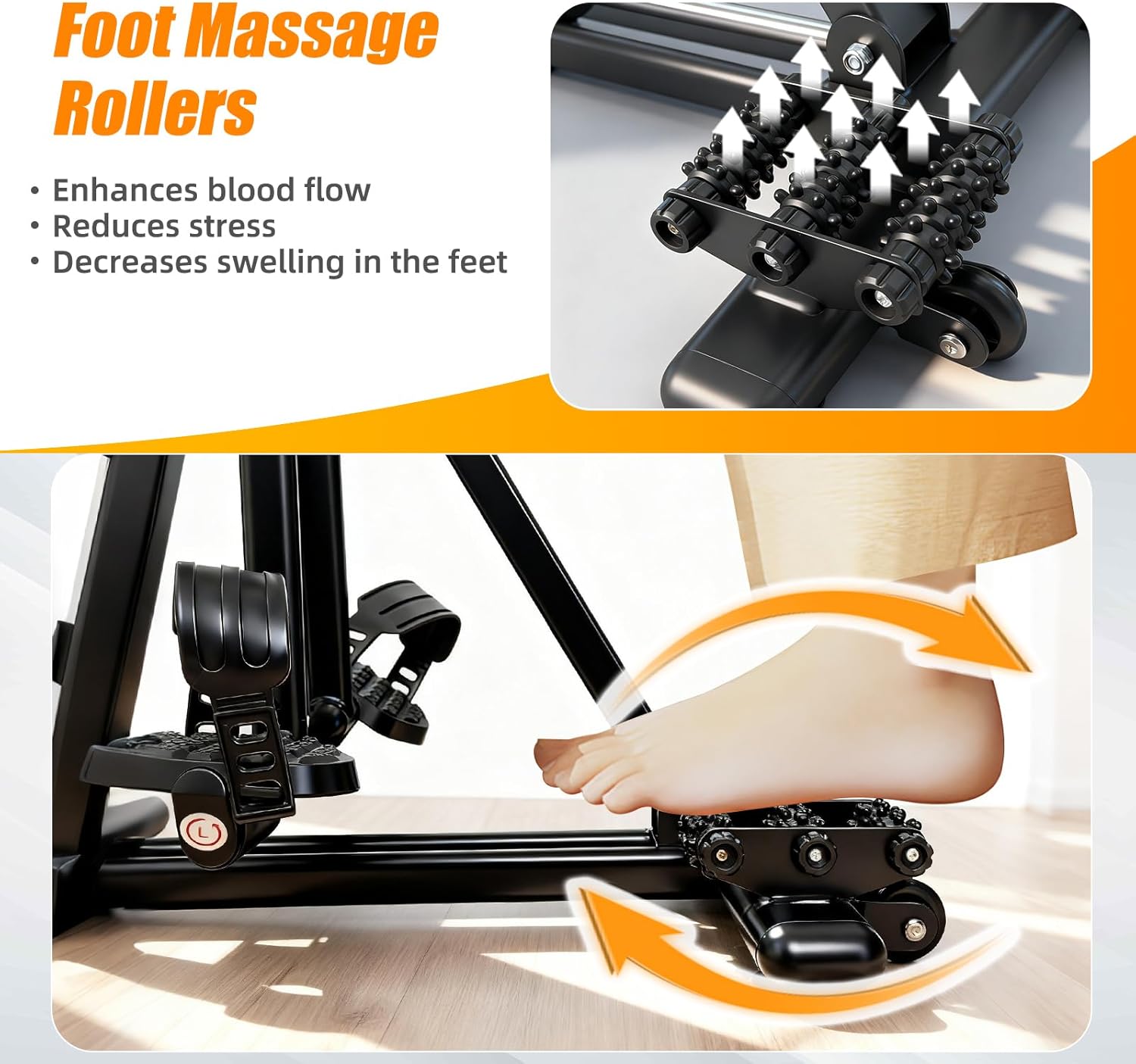 Foot massage roller feature graphic for the folding pedal exerciser, showing textured rollers and a foot moving back and forth over them.