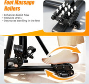 Foot massage roller feature graphic for the folding pedal exerciser, showing textured rollers and a foot moving back and forth over them.