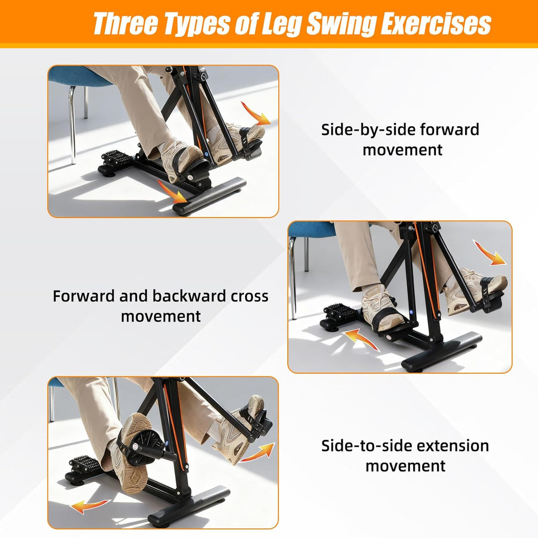 Three leg swing exercise modes showing side-by-side forward movement, alternating forward-and-backward movement, and side-to-side leg extension.