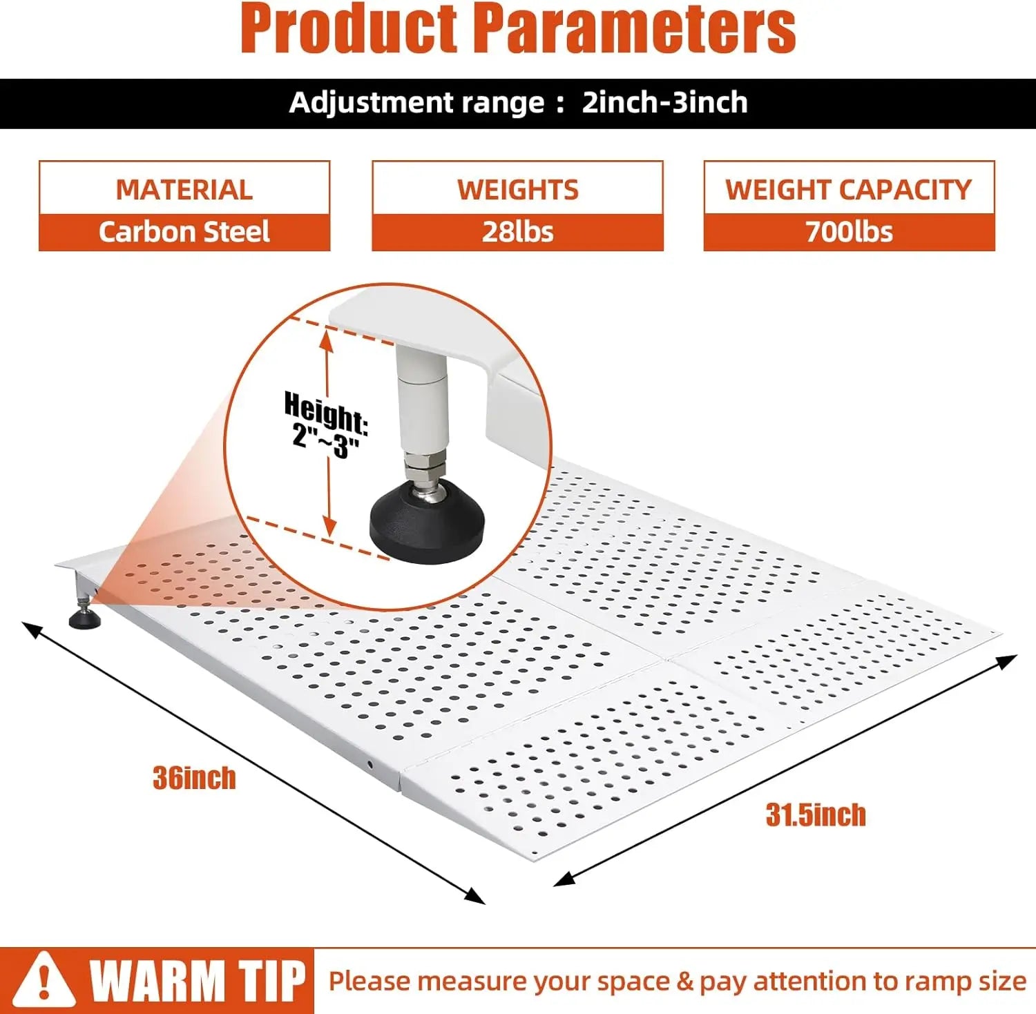 Carbon steel wheelchair ramp dimensions showing 36-inch length, 31.5-inch width, 2 to 3-inch height adjustment, and 700 lb capacity