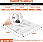 Carbon steel wheelchair ramp dimensions showing 36-inch length, 31.5-inch width, 2 to 3-inch height adjustment, and 700 lb capacity