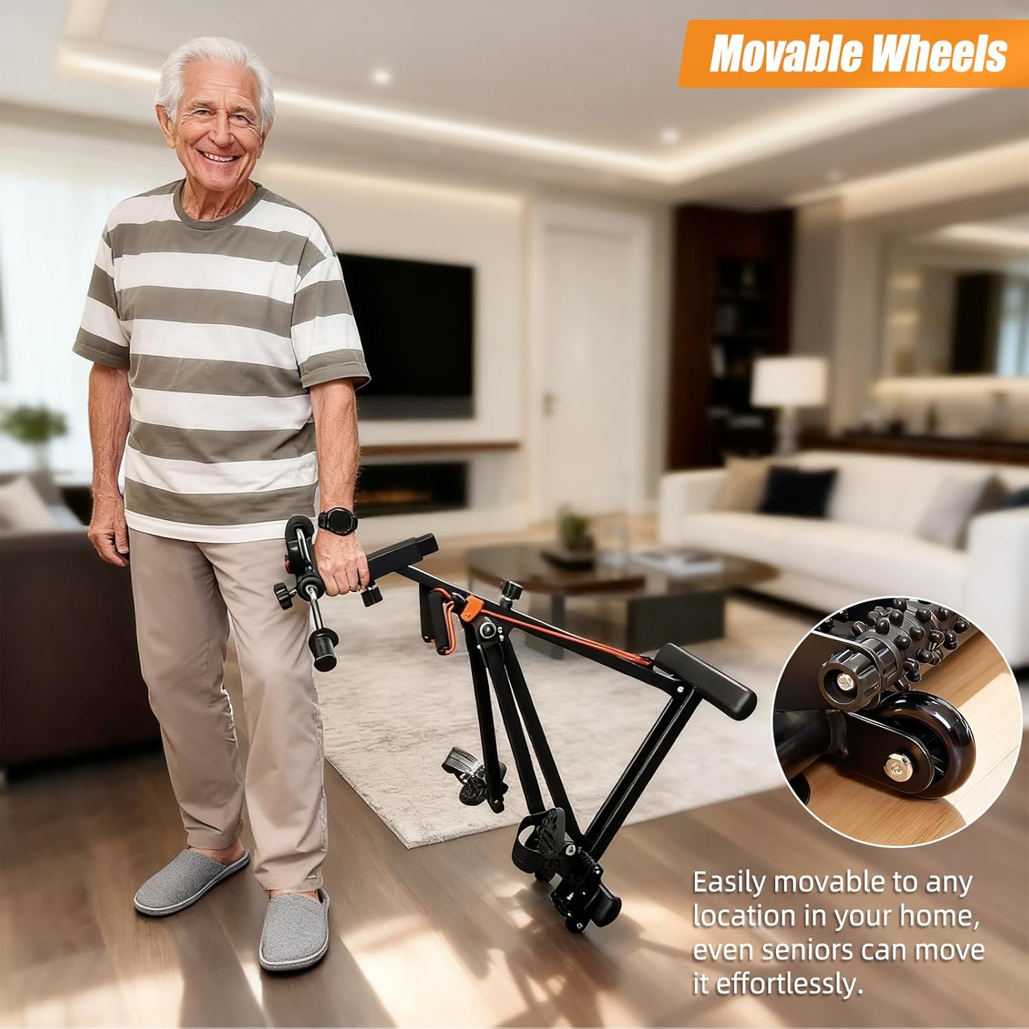 Older man carrying the folded arm and leg exerciser by its handle, with a close-up of the small transport wheels for moving the device around the home.
