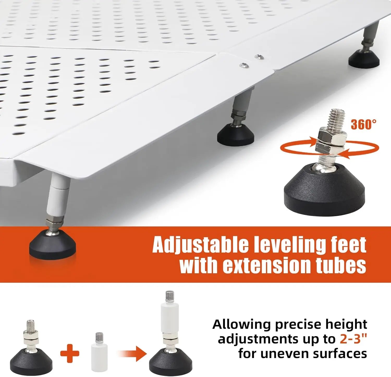 Wheelchair threshold ramp with 360-degree adjustable leveling feet and extension tubes for uneven surfaces