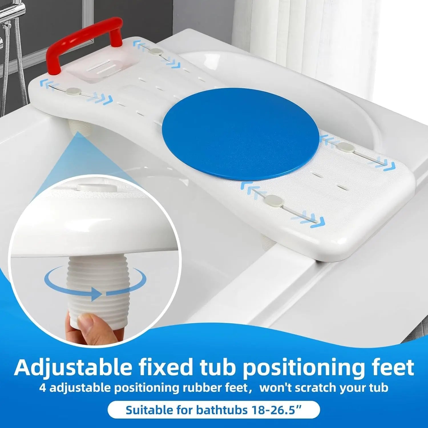 Adjustable bathtub positioning feet with blue circular pad and red handle on a white background.