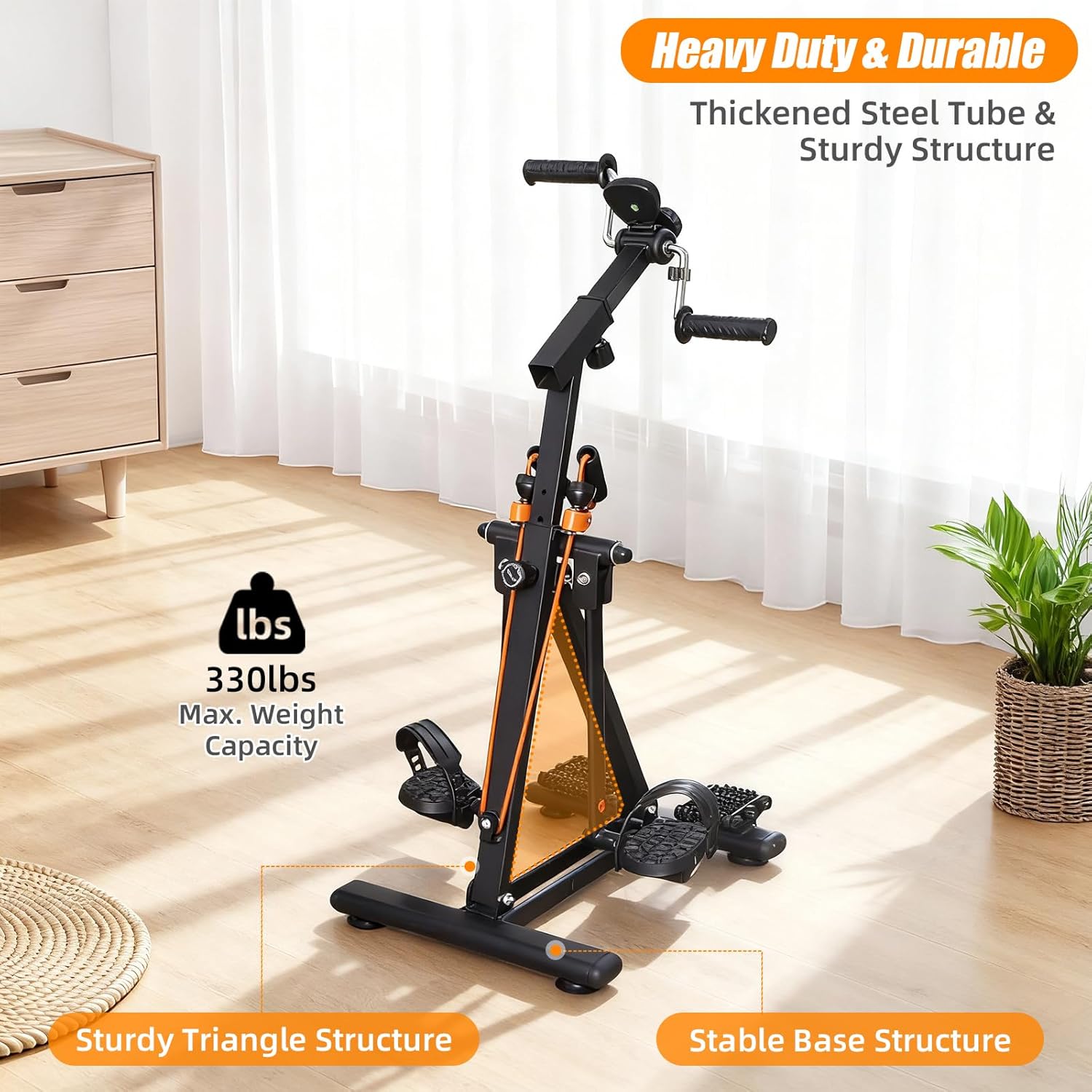 Heavy-duty arm and leg exerciser with a reinforced triangular steel frame, wide floor base, and a stated 330 lb weight capacity.