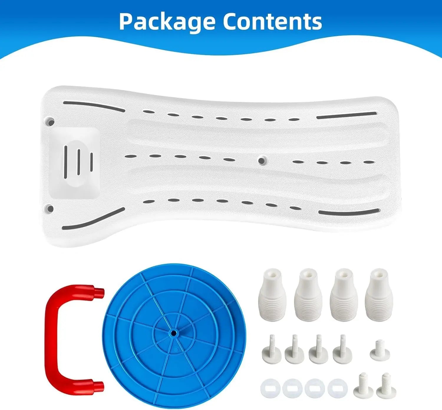 Package contents including a white plastic panel, blue circular component, and multiple small white parts on a white background.