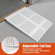 Carbon steel wheelchair ramp with adjustable tail end for a smoother transition over door thresholds and steps