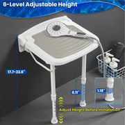 Six-level height adjustment guide for the wall-mounted shower seat, showing telescoping legs, adjustment holes, and the 17.7–22.6 inch height range.