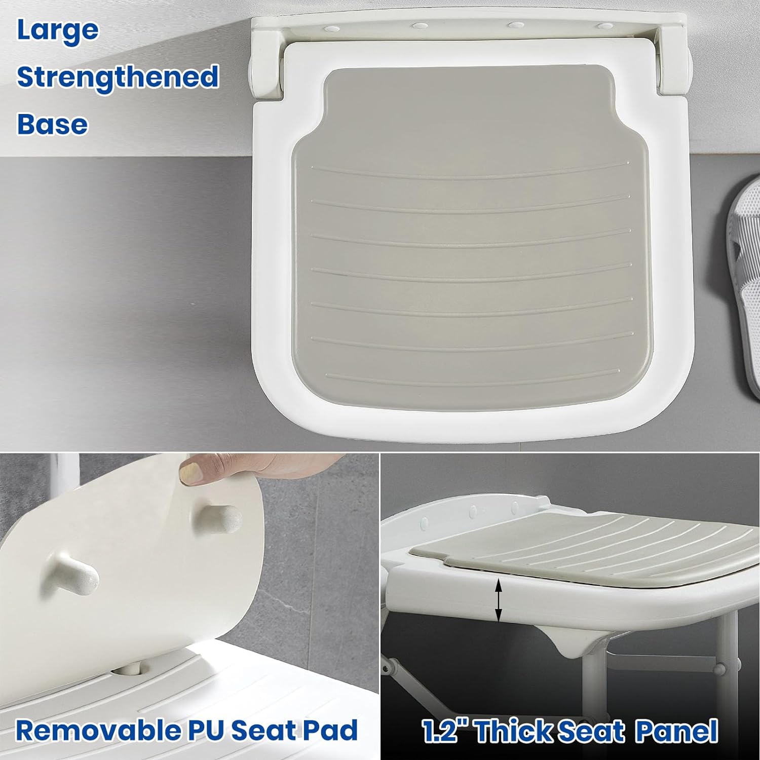 Wall-mounted shower seat feature graphic showing the reinforced seat base, removable gray PU cushion, and a side view of the thick seat panel.