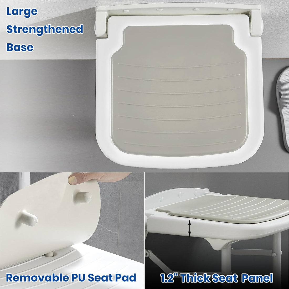 Wall-mounted shower seat feature graphic showing the reinforced seat base, removable gray PU cushion, and a side view of the thick seat panel.