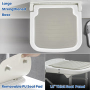 Wall-mounted shower seat feature graphic showing the reinforced seat base, removable gray PU cushion, and a side view of the thick seat panel.
