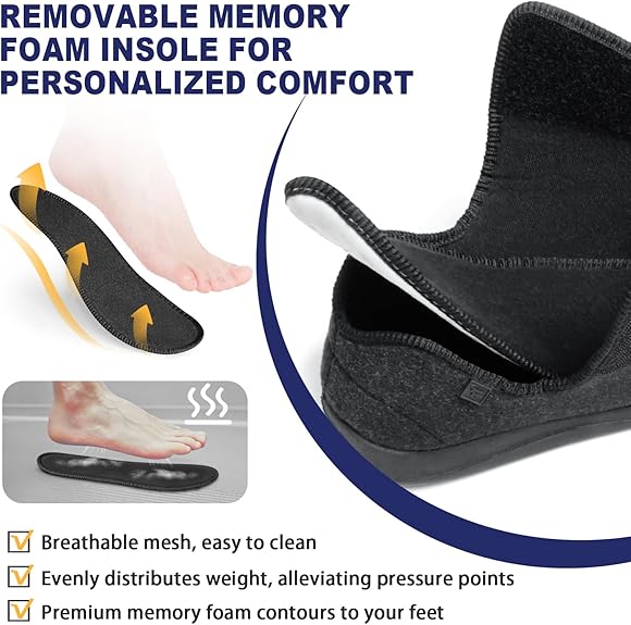 Removable memory foam insole shown lifting out of a black extra-wide comfort shoe, with illustrations of cushioning, foot support, and breathable mesh.