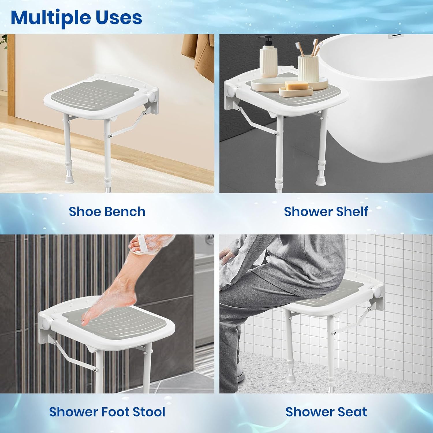 Four-panel use-case graphic showing the wall-mounted folding seat as a shoe bench, shower shelf, shower footrest, and shower seat.