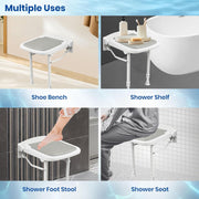 Four-panel use-case graphic showing the wall-mounted folding seat as a shoe bench, shower shelf, shower footrest, and shower seat.