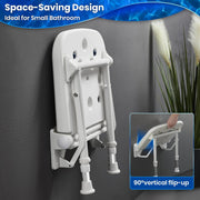 White folding shower seat stored vertically against a bathroom wall, with an inset showing the seat lifting through a 90-degree folding motion.