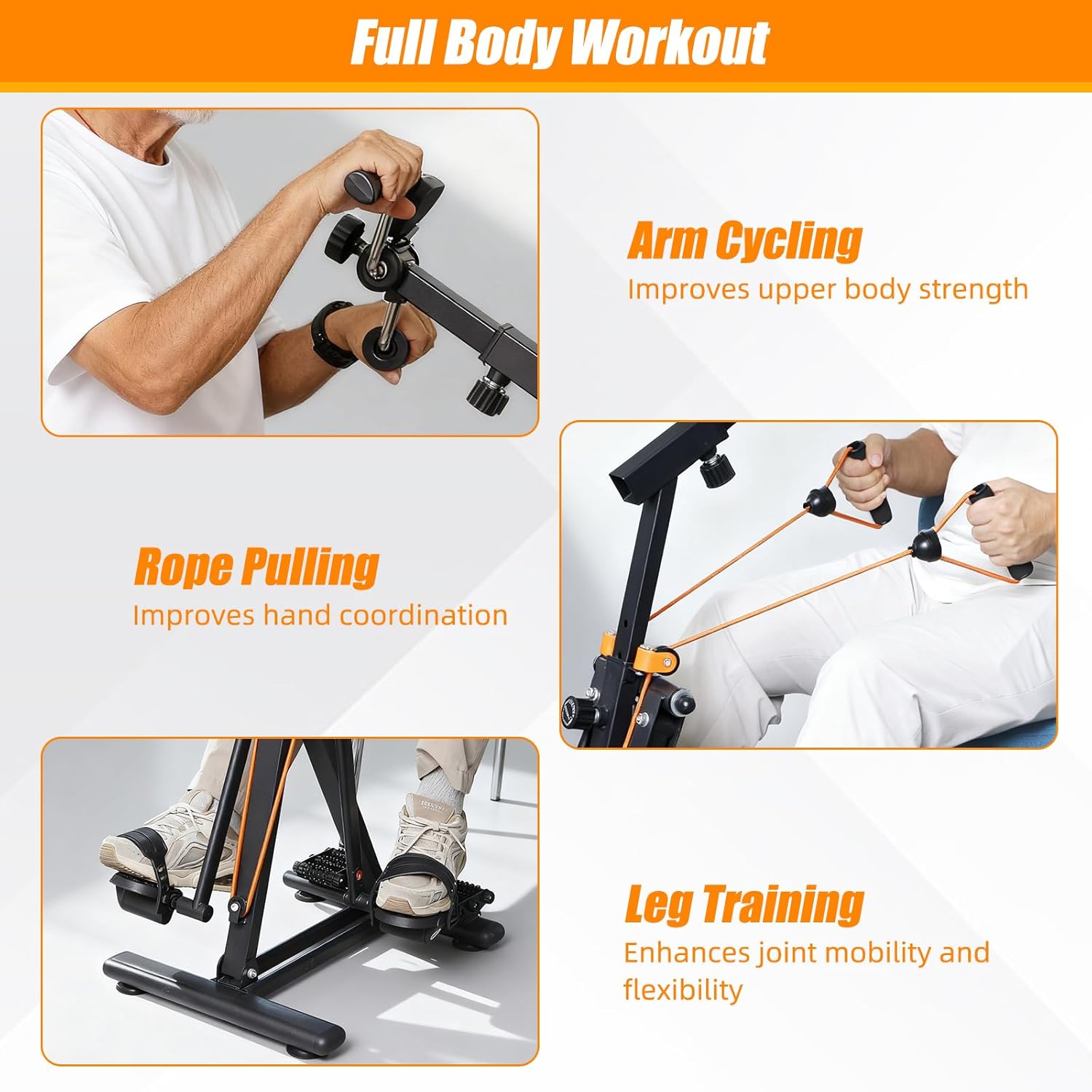 Full-body workout infographic showing arm cycling, resistance rope pulling, and seated leg training with the adjustable arm and leg exerciser.