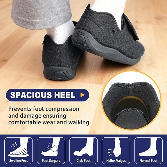 Men's extra-wide comfort shoes shown from the rear while worn, with an inset highlighting the spacious padded heel and wide rear opening.