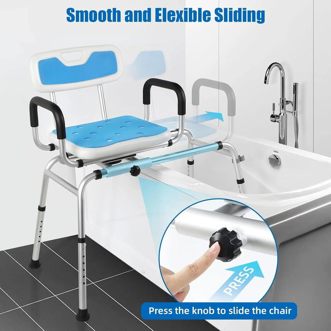 Blue sliding tub transfer bench positioned over a bathtub, with arrows illustrating seat movement and an inset showing the sliding control knob.