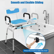 Blue sliding tub transfer bench positioned over a bathtub, with arrows illustrating seat movement and an inset showing the sliding control knob.