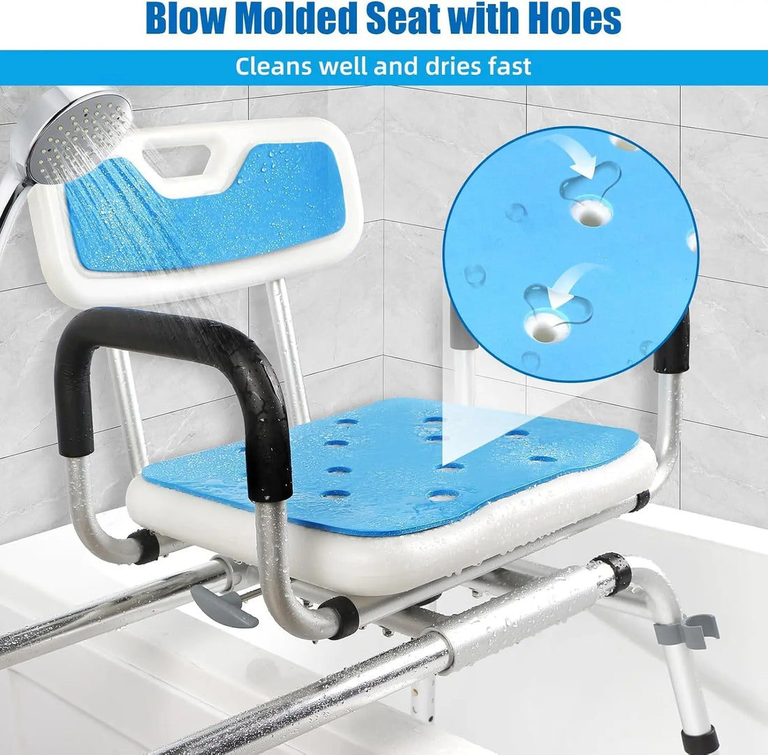 Blue shower transfer bench seat and backrest under running water, with a magnified view of the seat drainage holes.