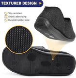 Black men's comfort shoe shown from the side and bottom, highlighting the textured rubber outsole and slip-resistant tread pattern.