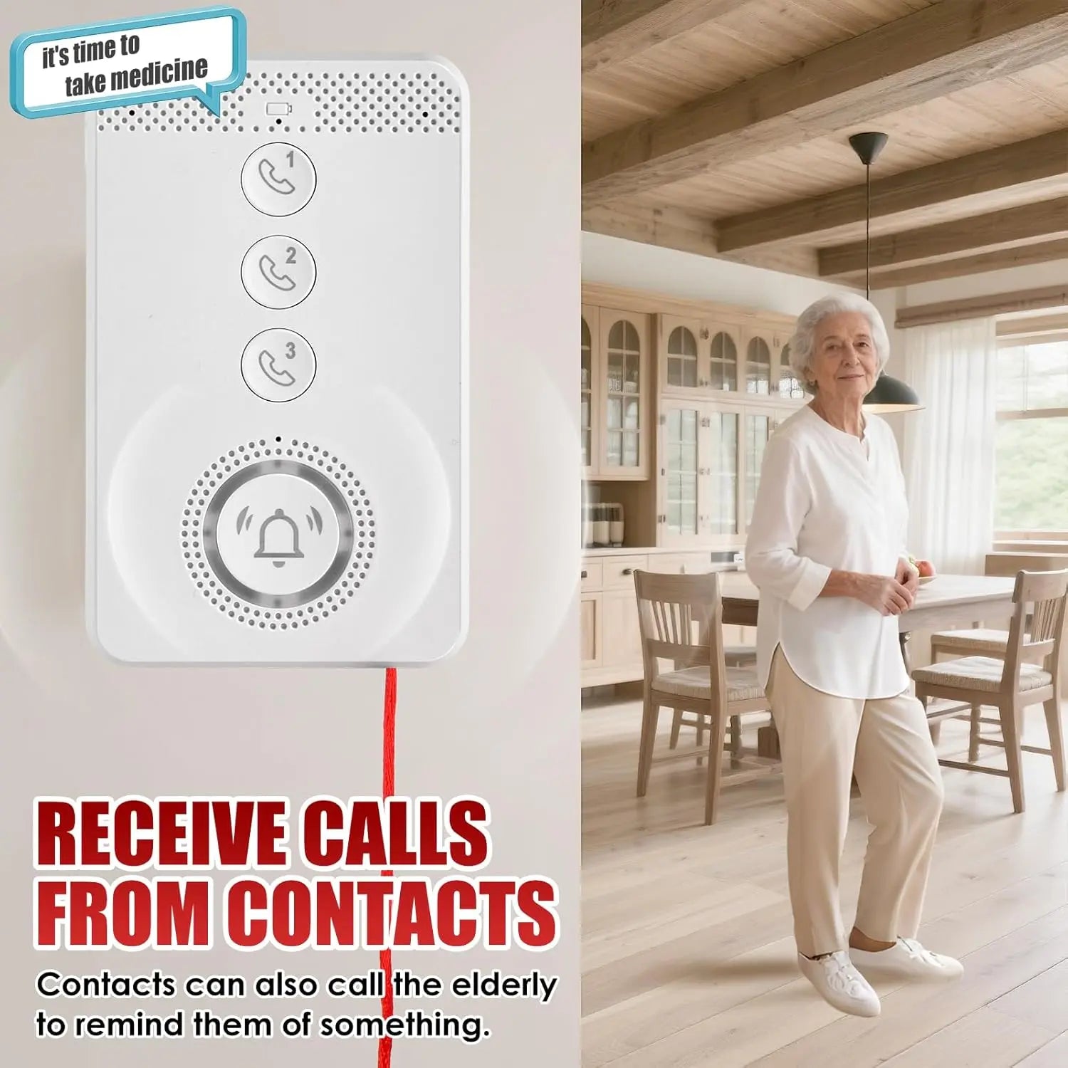 Senior voice call device shown beside an older woman at home, illustrating incoming calls from contacts for reminders and communication.