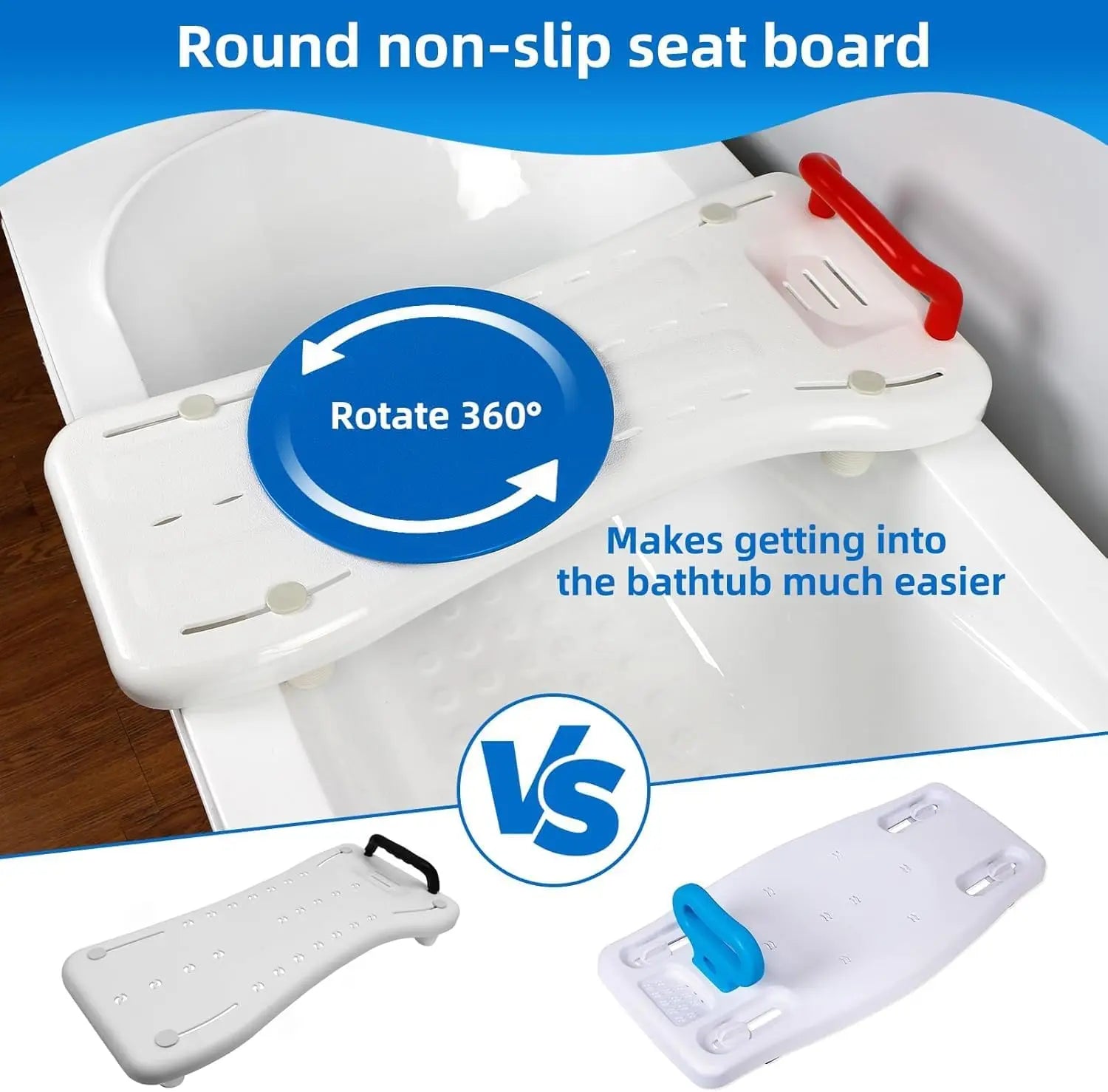 Round non-slip seat board for bathtub with text indicating rotation and ease of use.