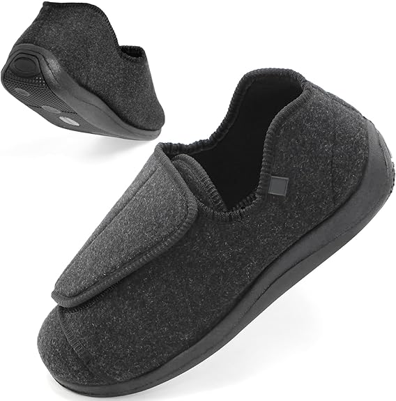 Black men's extra-wide adjustable comfort shoe with a hook-and-loop closure, shown with a second view highlighting the rubber outsole.