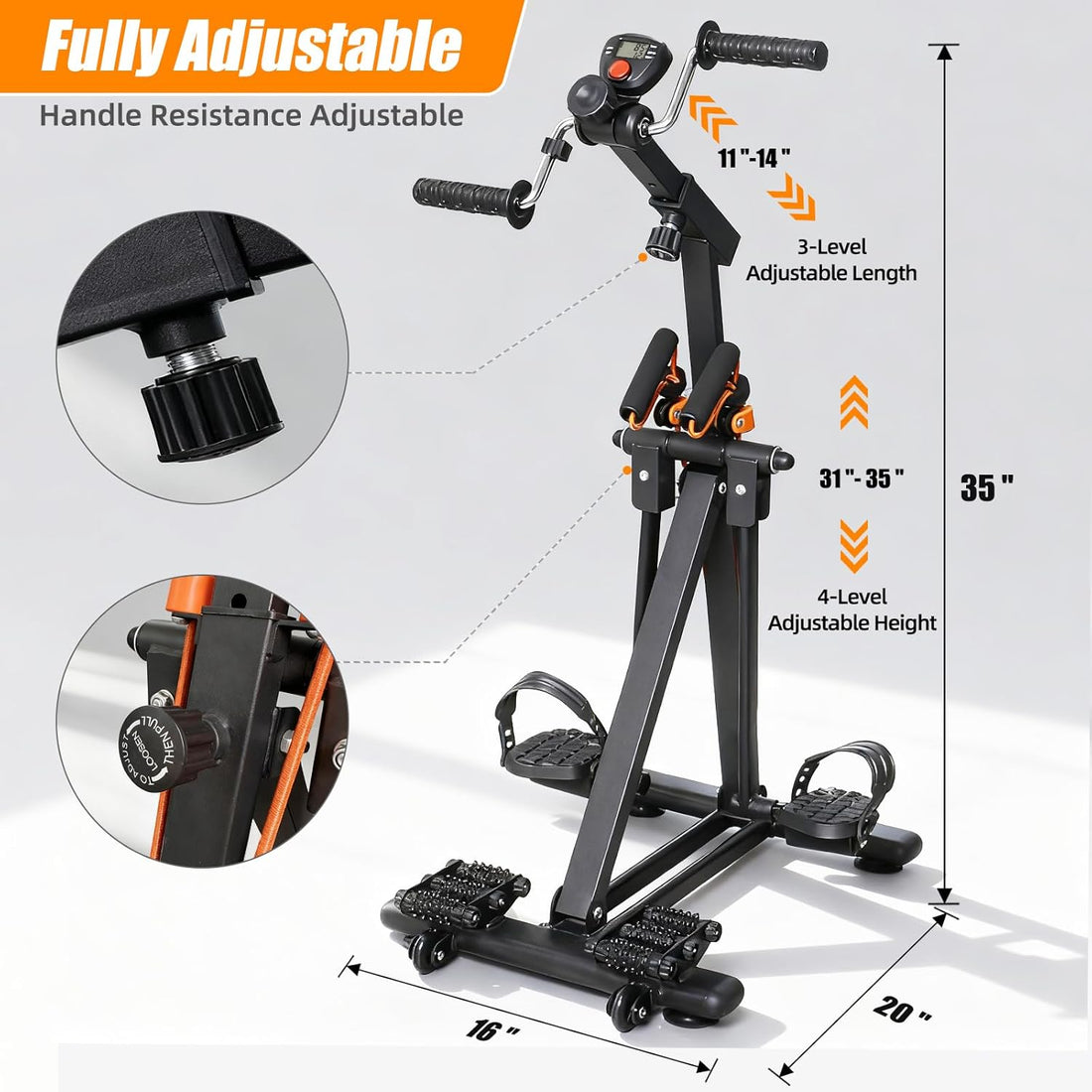 Adjustment diagram of the arm and leg exerciser showing four height settings, three handle length positions, and separate resistance adjustment knobs for the handles and pedals.