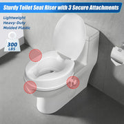 Raised toilet seat with lid installed on a toilet, with three attachment points highlighted and a stated 300 lb weight capacity.