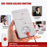 One-touch calling guide showing three numbered contact buttons on the senior voice call device and an SOS button that dials preset contacts in sequence.