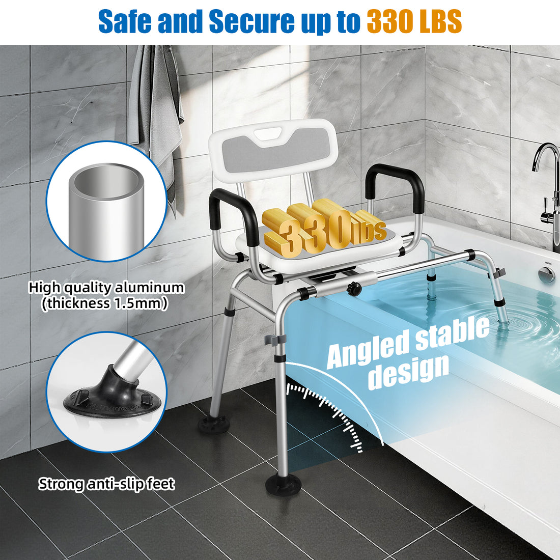Gray tub transfer bench stability infographic showing the angled aluminum frame, non-slip feet, and a 330 lb weight capacity label.