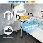 Gray tub transfer bench stability infographic showing the angled aluminum frame, non-slip feet, and a 330 lb weight capacity label.