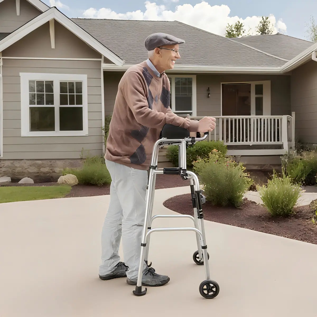 Older man using a silver upright walker with padded forearm supports on a sidewalk in front of a house.