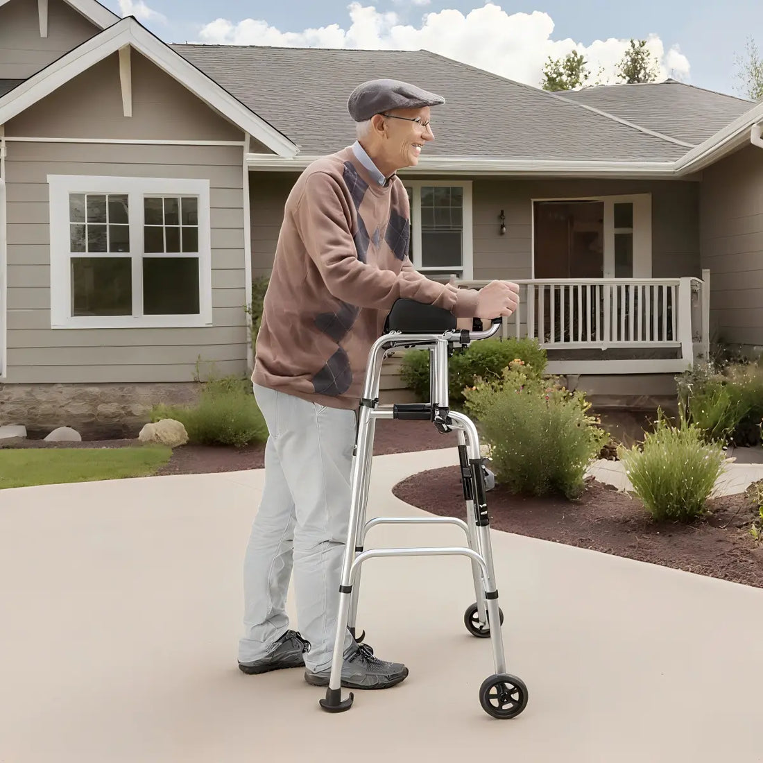 Older man using a silver upright walker with padded forearm supports on a sidewalk in front of a house.