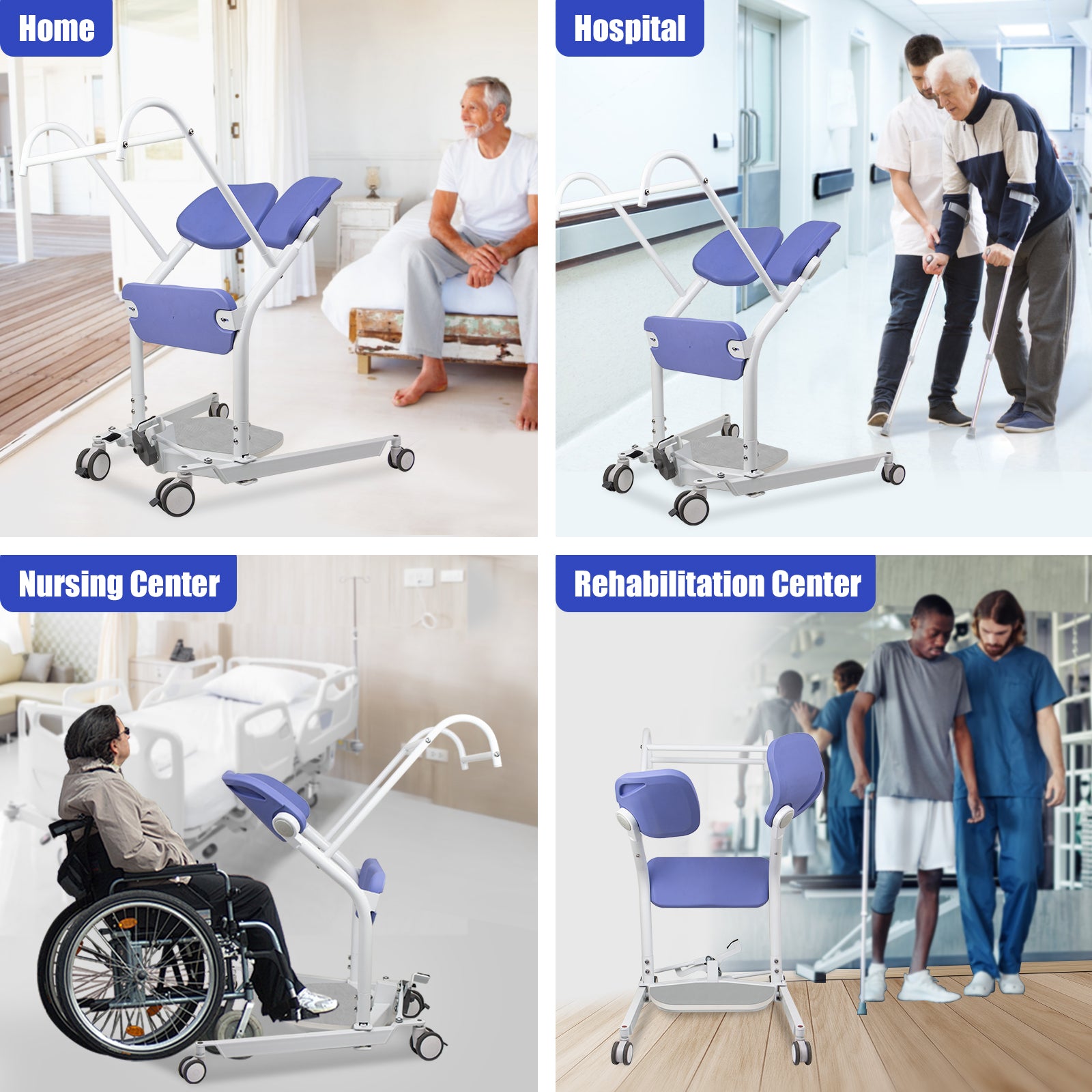 Manual sit-to-stand patient lift shown in home, hospital, nursing center, and rehabilitation center settings, with patients and caregivers in each scene.