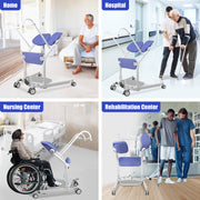 Manual sit-to-stand patient lift shown in home, hospital, nursing center, and rehabilitation center settings, with patients and caregivers in each scene.