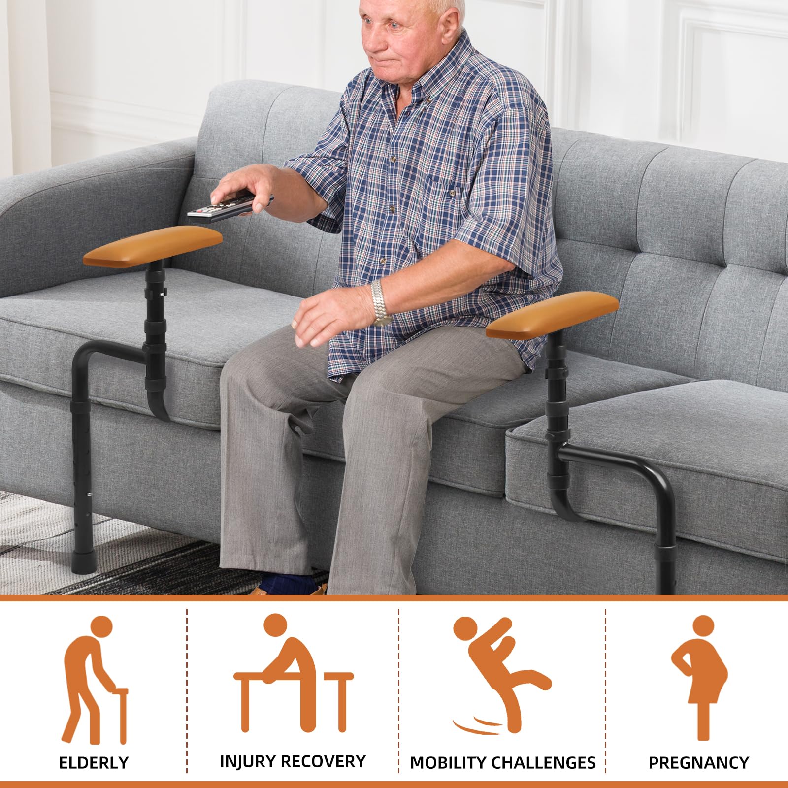 Older man seated on a gray sofa with adjustable standing assist rails on both sides, above icons illustrating use by seniors, people recovering from injury, people with mobility challenges, and pregnant women.
