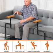 Older man seated on a gray sofa with adjustable standing assist rails on both sides, above icons illustrating use by seniors, people recovering from injury, people with mobility challenges, and pregnant women.